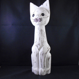 Uit hout gesneden kat, antique wit