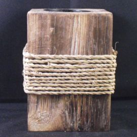 Waxinelichthouder van hout met touw, 10 cm