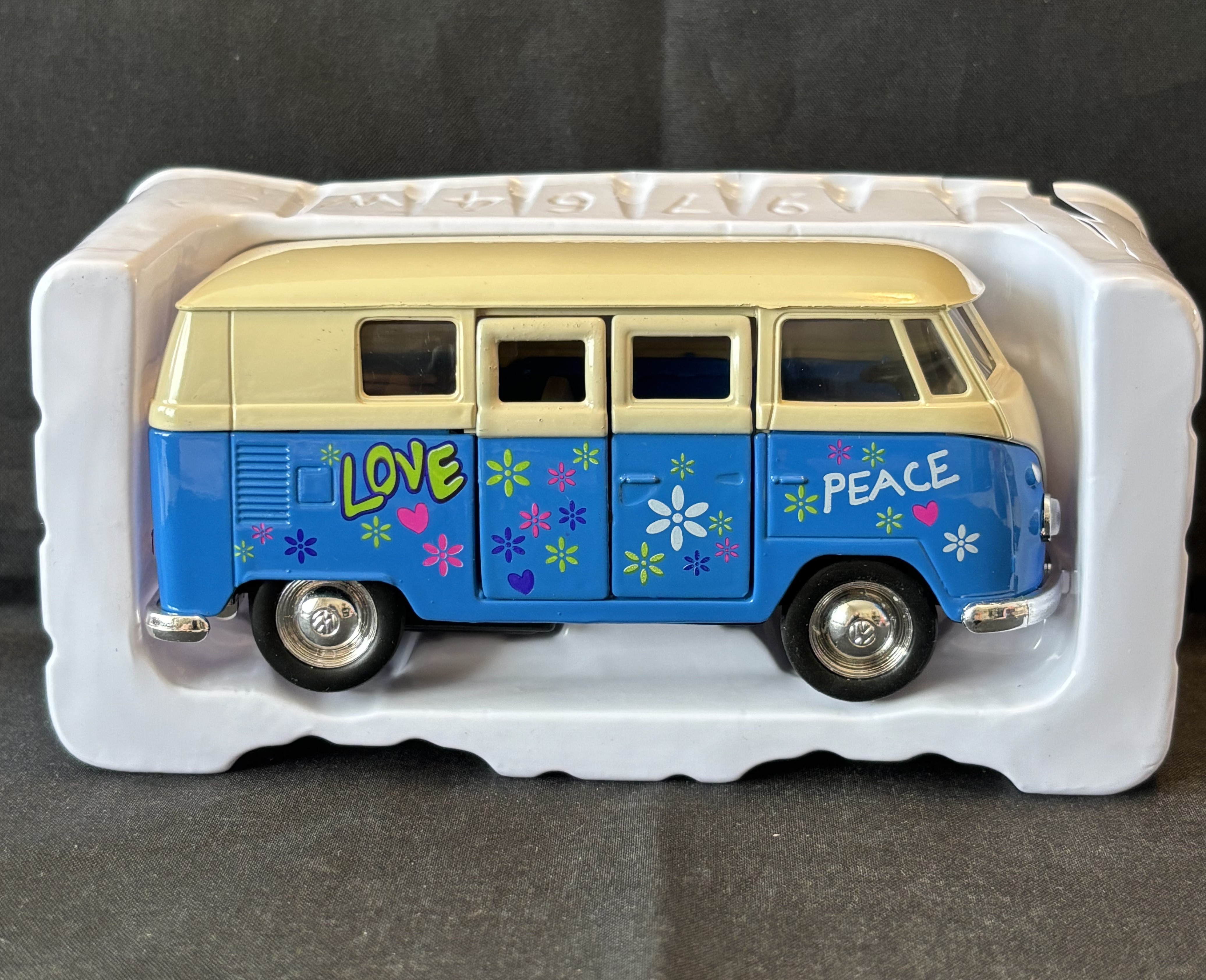 Volkswagenbus met print, 1963, blauw, Welly