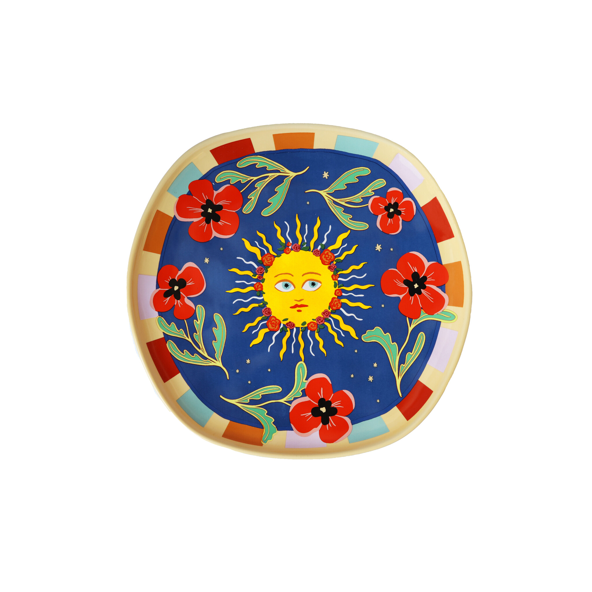 Bord donkerblauw met zon en bloemen