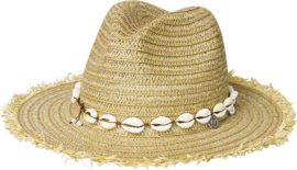 Zomerhoed - strandhoed - met schelpjes - met bedels - offwhite - creme - hoofdomtrek circa 58 cm - verstelbaar