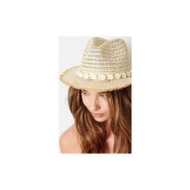 Zomerhoed - strandhoed - met schelpjes - met bedels - offwhite - creme - hoofdomtrek circa 58 cm - verstelbaar