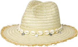 Zomerhoed - strandhoed - met schelpjes - met bedels - offwhite - creme - hoofdomtrek circa 58 cm - verstelbaar