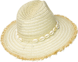 Zomerhoed - strandhoed - met schelpjes - met bedels - offwhite - creme - hoofdomtrek circa 58 cm - verstelbaar