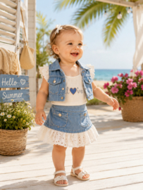 3-delige meisjes set met denim gilet, top en rokje
