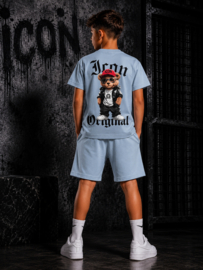 Lichtblauwe jongens zomer set met teddy print – t-shirt en short