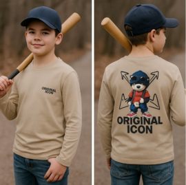 Beige jongens longsleeve met teddy print – shirt met lange mouwen