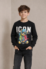 Zwart jongens longsleeve met teddy print voorzijde – shirt met lange mouwen