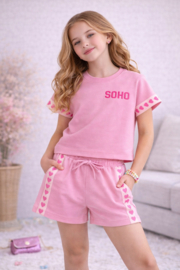 Roze meisjes zomer set met hartjes – t-shirt en short