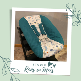 Tripp Trapp newbornset hoes - mix - dinosaurus blauw en wafelstof petrol mét bijpassende gordelhoesjes