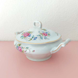 Brocante dekschaal met roze bloemen