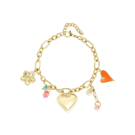 Stainless steel funky bedelarmband hartjes goud