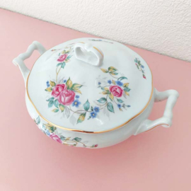 Brocante dekschaal met roze bloemen