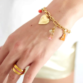 Stainless steel funky bedelarmband hartjes goud