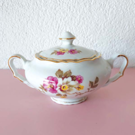 Brocante suikerpot met bloemen roze, geel en wit