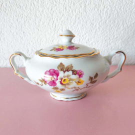 Brocante suikerpot met bloemen roze, geel en wit
