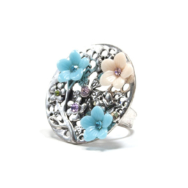 Ring zilver blauw roze strass