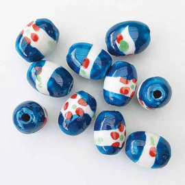 Keramiek kraal ovaal bloem 15x10mm blauw rood wit (per stuk)