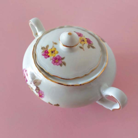 Brocante suikerpot met bloemen roze, geel en wit
