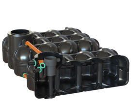 Watertank - Gekoppeld 2 x 5000 L - Incl. pompput, filterhuis, overstrort, klein dier bescherming en instroomdemper