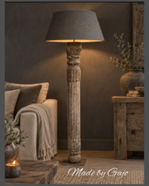 Oude Houten Ornamentlamp met Linnen Kap