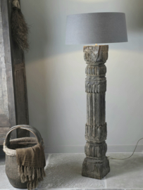 Unieke Houten Ornamentlamp met Linnen Kap Naturel
