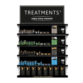 Treatments® concept uitstraling - 5 schapstoken 100x30cm, Treatments® logo bord, Zwarte achterwand