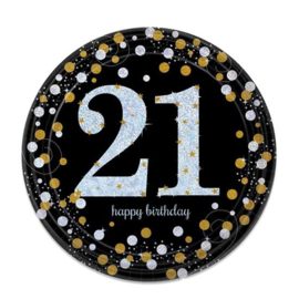 Bordjes 21 Happy Birthday sparkling 23cm Ø 8stuks