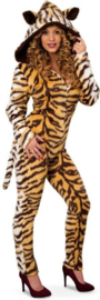 Tijger catsuit pluche met muts voor dame