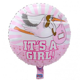 Folieballon Geboorte Meisje Its A Girl! Baby Ooievaar 45 cm