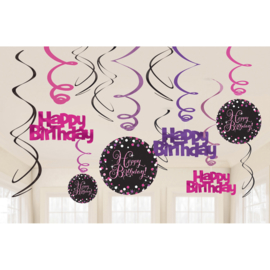 Glitterfeest Happy Birthday Roze Hangende Swirls - 45 cm