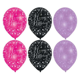 Ballonnen sparkling pink HBD (Ø28cm,6st)