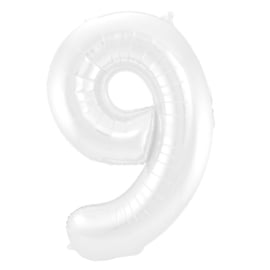 Folieballon Cijfer 9 Wit Metallic Mat - 86 cm