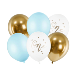 1 Jaar Ballonnen 'One' Blauw en Goud - 6 stuks