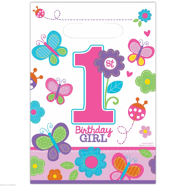 Lieve plastic feestzakjes voor de eerste verjaardag van een meisje – 8 stuks
