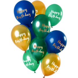 Ballonnen 'Happy Birthday' Groen-Goud 30cm - 12 stuks