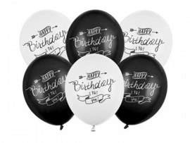 Ballonnen Happy Birthday Script zwart-wit (6st)