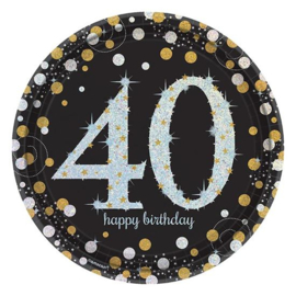 Bordjes 40 Happy Birthday sparkling 23cm Ø 8stuks
