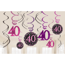 Glitterfeest 40 Jaar Roze Hangende Swirls - 12 stuks
