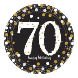 Bordjes 70 Happy Birthday sparkling 23cm Ø 8stuks