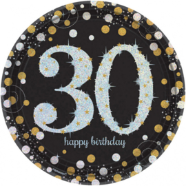 Bordjes 30 Happy Birthday sparkling 23cm Ø 8stuks