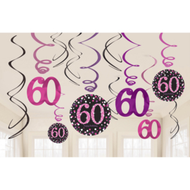 Glitterfeest 60 Jaar Roze Hangende Swirls - 12 stuks