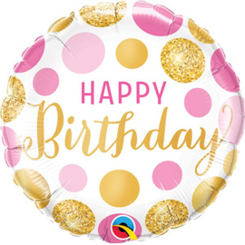 Folieballon Happy Birthday Pink & Gold Dots - 45 cm