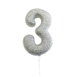 Nummerkaars glitter zilver ‘3‘ (7cm)