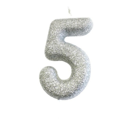 Nummerkaars glitter zilver ‘5‘ (7cm)