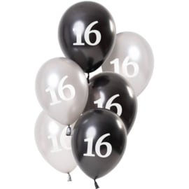 Ballonnen Glossy Black 16 Jaar 23cm - 6 stuks