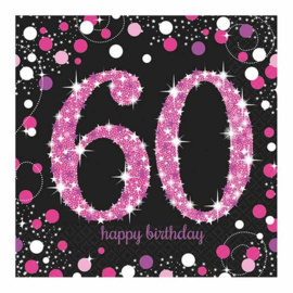 Glitterfeest 60 Jaar Servetten Roze - 16 stuks