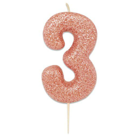 Nummerkaars glitter roségoud ‘3‘ (7cm)