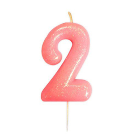 Nummerkaars glitter roze ‘2‘ (7cm)