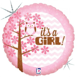 Folieballon Geboorte Meisje Its A Girl! Baby uil 45 cm